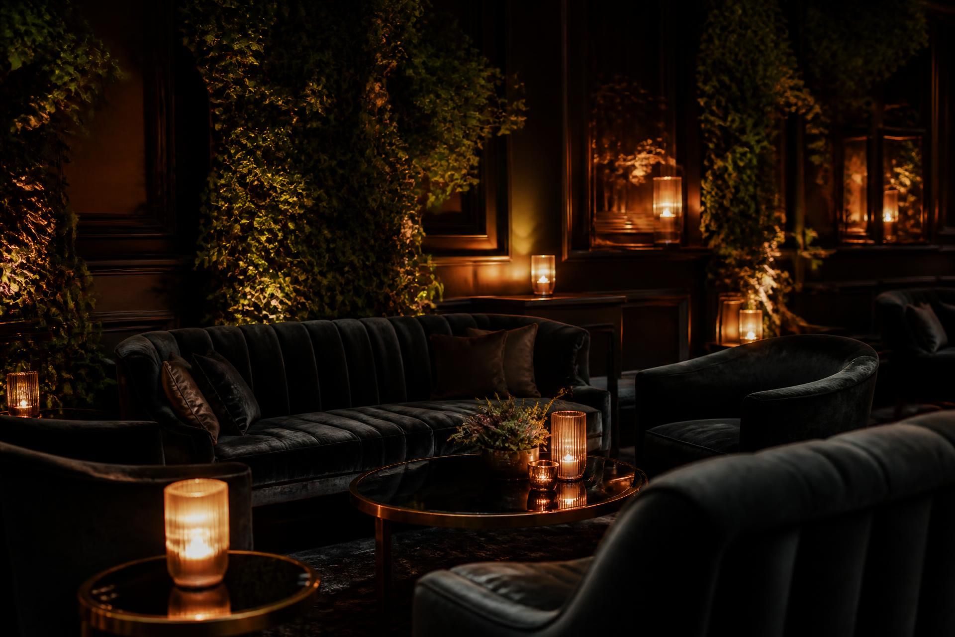 Atmospheric view of the dark lounge with ivy and warm candlelight